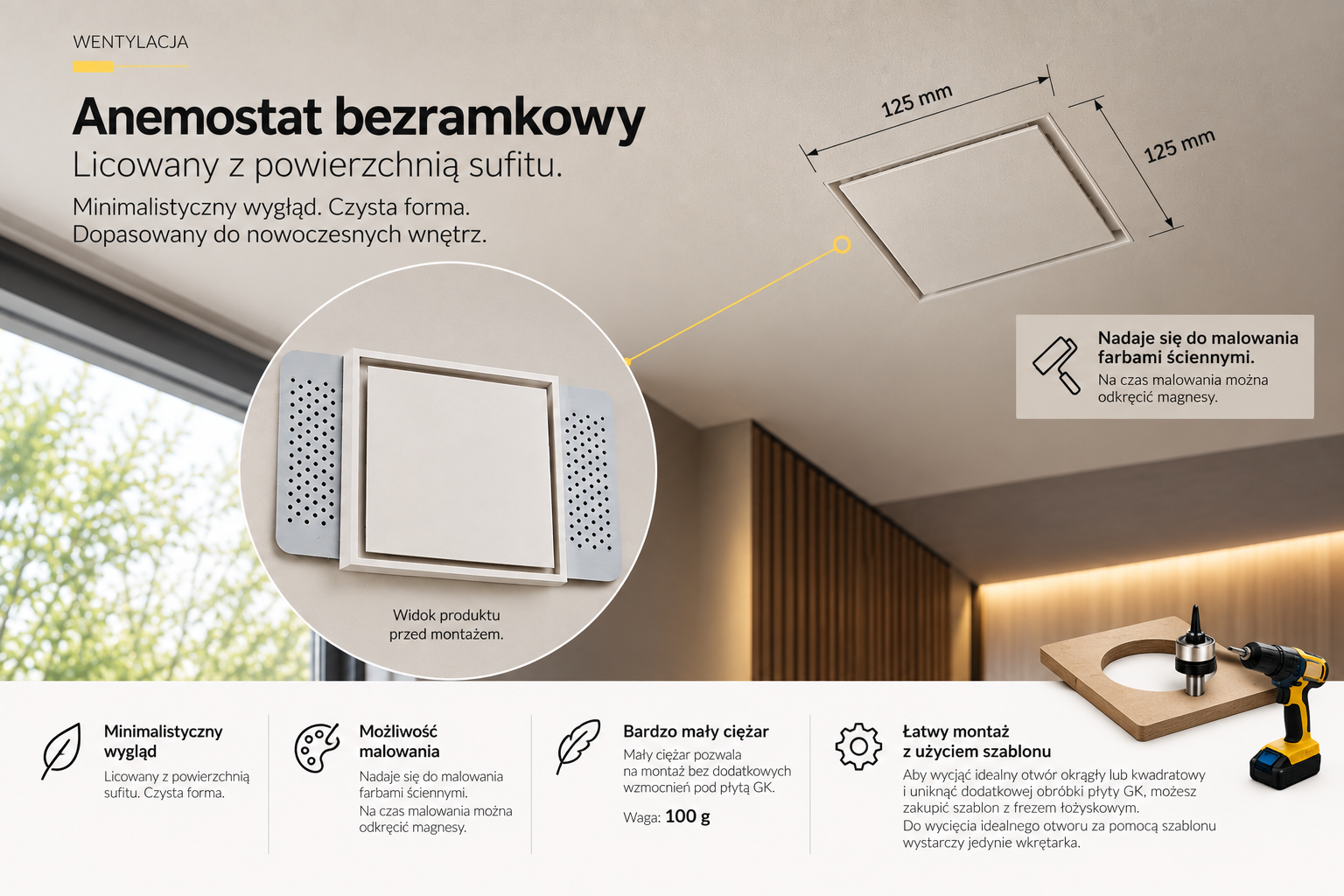 Anemostat bezramkowy — produkt i sposób integracji z sufitem